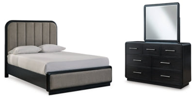 Rowanbeck Queen Upholstered Panel Bed, Dresser and Mirror
